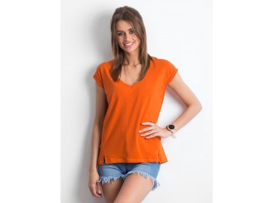 T-shirt moulant à col V - orange foncé