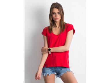 T-shirt moulant à col V - rouge