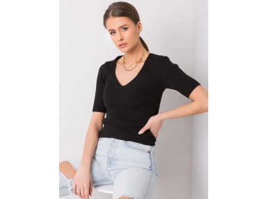T-shirt court col V en coton - noire