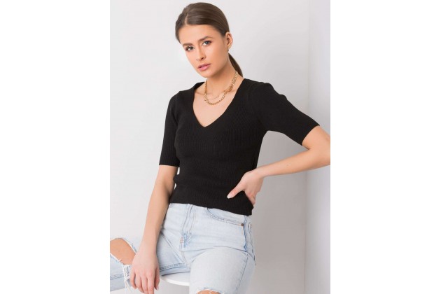 T-shirt court col V en coton - noire