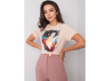 T-shirt blanc en coton pour femme avec un imprimé - saumon