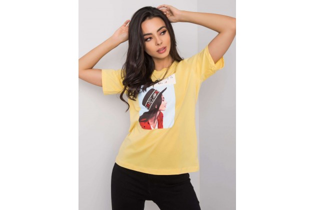 T-shirt blanc en coton pour femme avec un imprimé - jaune