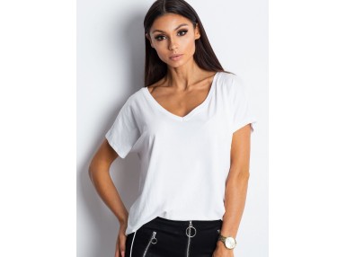 T-shirt moulant à col V -  blanc
