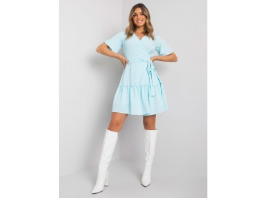 Robe courte portefeuille avec volants et ceinture -bleu clair