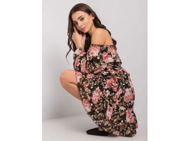 Robe courte à manches longues avec et jupe volantée à imprimé varié - noire et rose