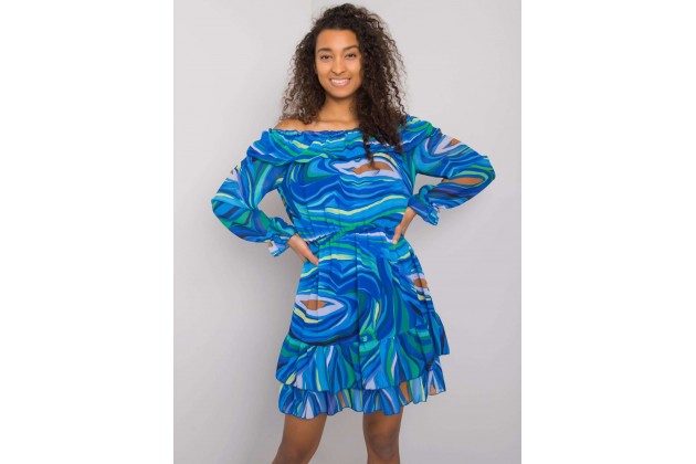 Robe courte à manches longues avec et jupe volantée à imprimé varié - bleu foncé