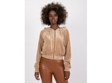  Sweat à capuche confort zippé court en velours  -beige