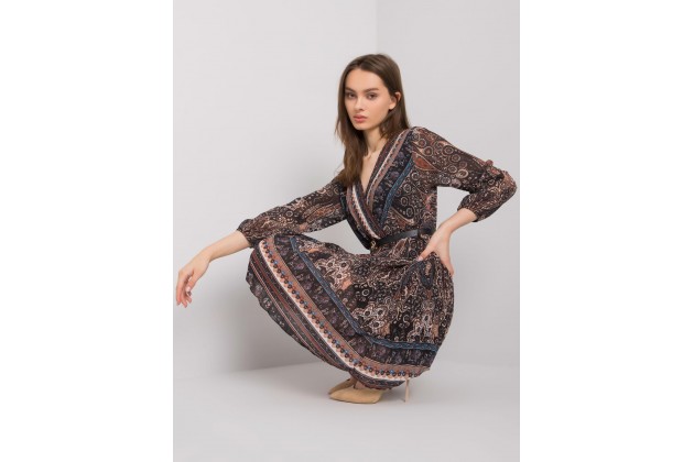 Robe d'été à manches longues et imprimé - noire et beige