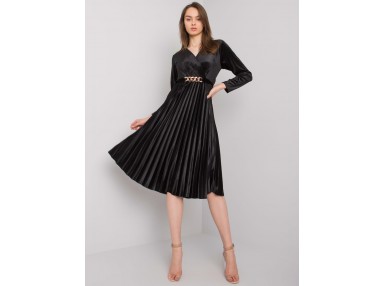 Robe portefeuille mi-longue plissée en satin - noire