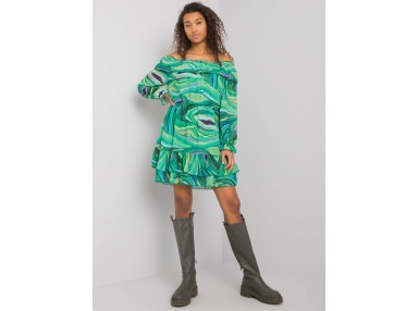Robe courte à manches longues avec et jupe volantée à imprimé varié - verte