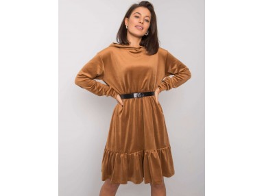 Robe courte en velours à manches longues -camel