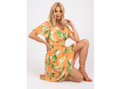 Robe portefeuille mi-longue avec ceinture et jupe plissée -orange