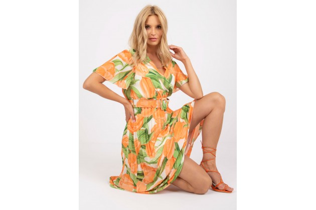 Robe portefeuille mi-longue avec ceinture et jupe plissée -orange