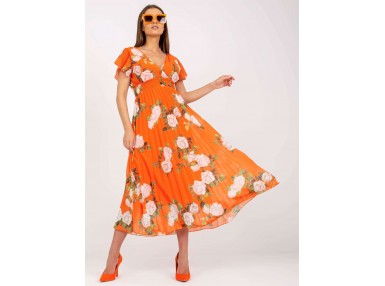 Robe portefeuille mi-longue avec ceinture et jupe plissée -  orange