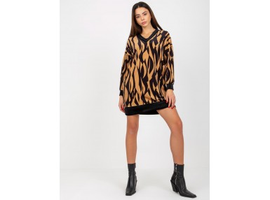 Robe tunique courte avec imprimé et col V - noire et beige