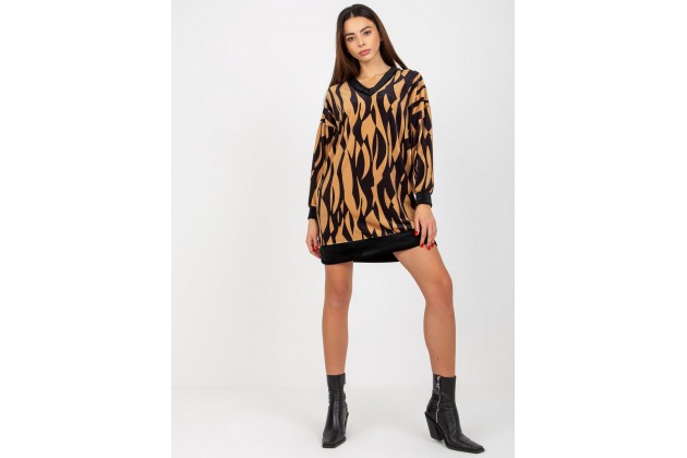 Robe tunique courte avec imprimé et col V - noire et beige