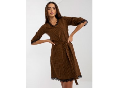 Robe à carreaux avec ceinture - marron