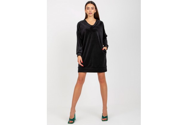 Robe tunique courte en velours à col V - noire
