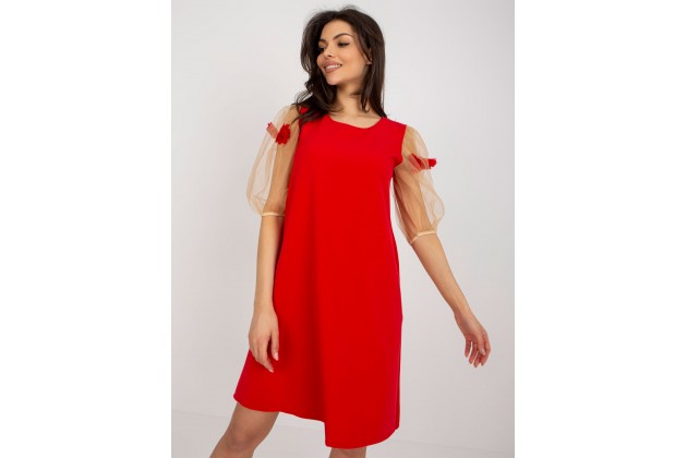 Robe courte  avec manches longues en tulle  -rouge