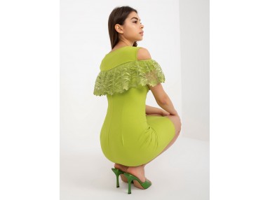 Robe courte moulante stretch avec épaules dénudées à volants - citron vert