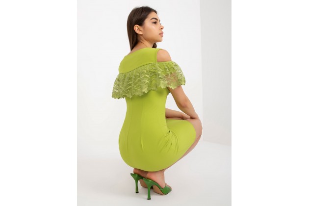 Robe courte moulante stretch avec épaules dénudées à volants - citron vert