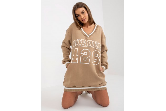 Sweat long en coton à col V - beige foncé