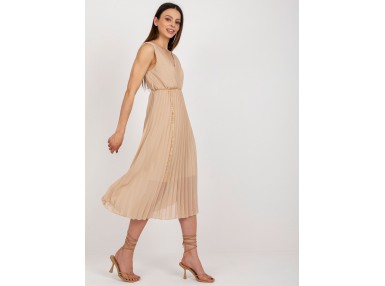 Robe portefeuille mi-longue avec ceinture et jupe plissée - beige clair