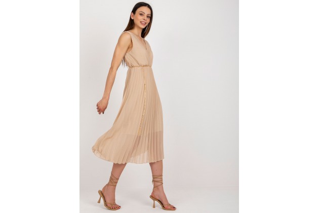 Robe portefeuille mi-longue avec ceinture et jupe plissée - beige clair
