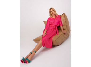 Robe longue en satin avec col et ceinture - rose foncé