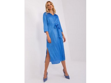 Robe longue en satin avec col et ceinture - blue