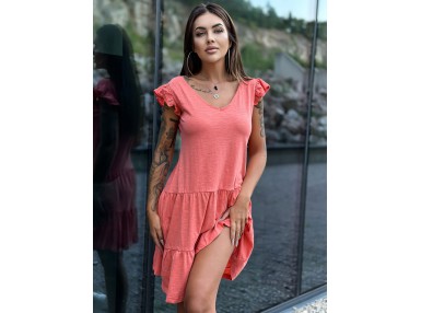 Robe courte effet de coton à volants étagés - corail