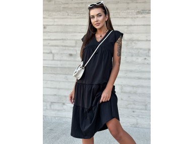  Robe mi-longue effet de coton à volants étagés -noire