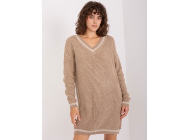 Robe courte ample en maille à col V  - beige foncé