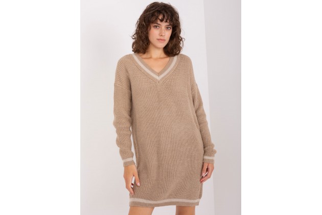 Robe courte ample en maille à col V  - beige foncé
