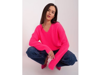Pull à col en V - rose fluo