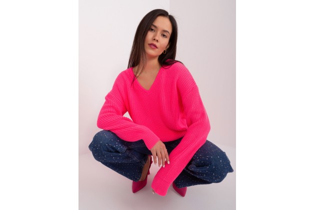 Pull à col en V - rose fluo