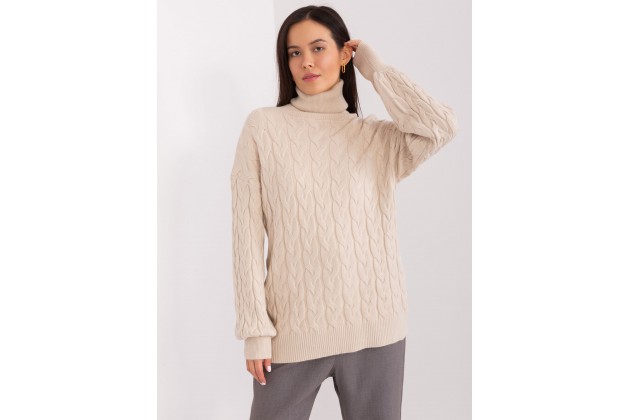  Pull col roulé chunky en maille torsadée -  beige