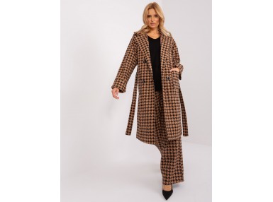 Manteau long à motif pied-de-poule  - camel