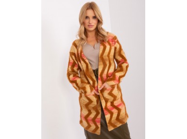 Cardigan long boutonné à motif zigzag - camel