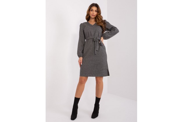 Robe mi-longue avec col V devant et ceinture - gris et noir