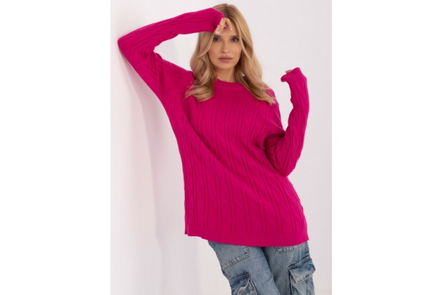 Pull ras de cou en maille épaisse torsadée - fuchsia